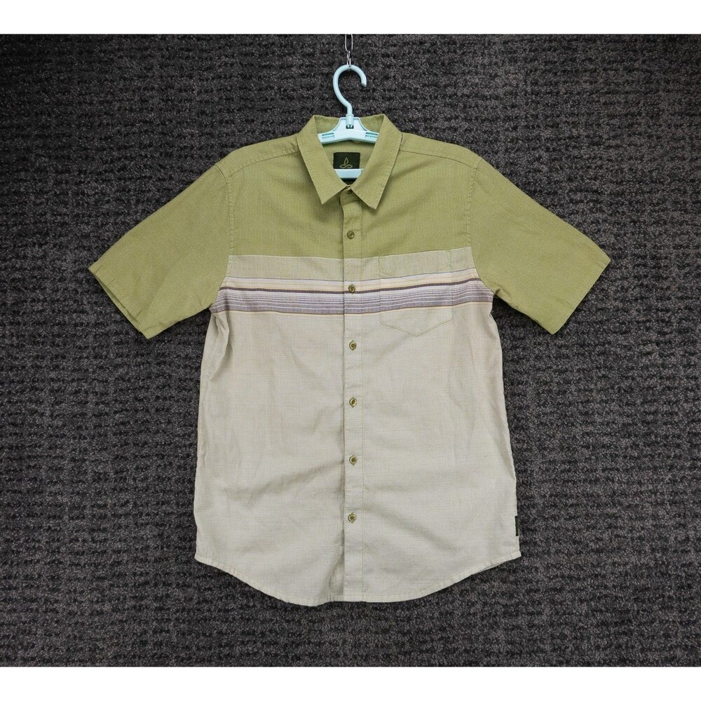 Prana Shirt Mens Medium Green White Striped Colorblock Short Sleeve Casual